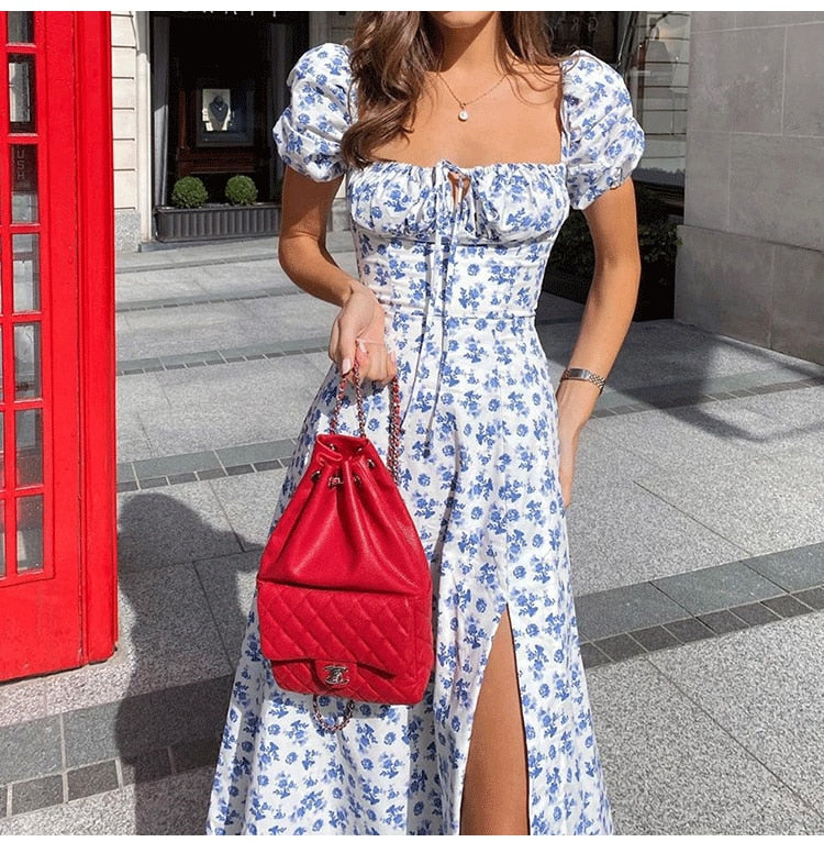 Sixsr Summer Women's Wear, Bohemian Style Bubble Sleeve Floral Split Long Dress, High Waist Sexy Party Elegant Bandage Dress