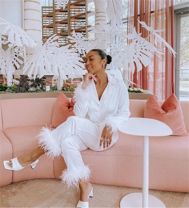 Sixsr Trendy Women Pajamas Set Autumn Casual Lapel Tops + Feather Pants Suits Sexy Lingerie Nightwear Silk Satin Pyjamas pjs Suit 2Pcs