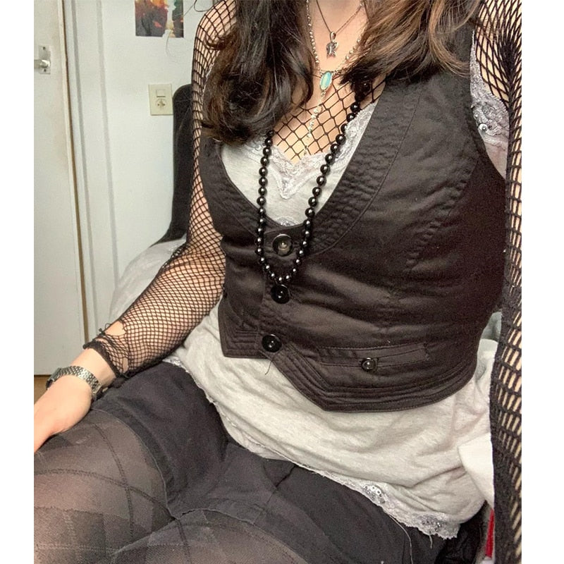 Sixsr y2k Button Corset Top Black Sleeveless Tank Tops Skinny V Neck Aesthetic Punk Crop Top Grunge Fairycore Women Vests