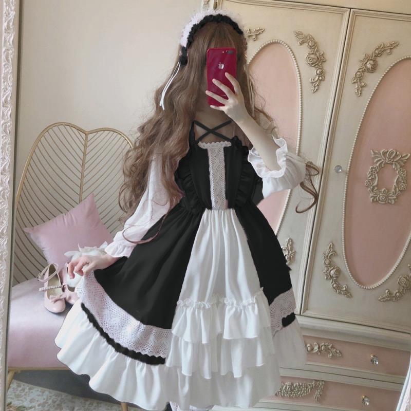 Sixsr Quality Kawaii Lolita Style Dress Women Lace Maid Costume Dress Costume Sweet Gothic Party Robe Renaissance sSpring