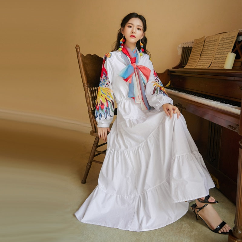 sixsr High Quality Luxury Design Runway Female Elegant Embroidery Women Dress Lantern Sleeve High Waist Maxi Long Dresses