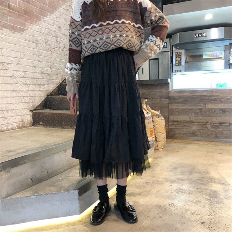 Sixsr Long Tulle Midi Skirts Womens  Autumn Elastic High Waist Mesh Tutu Pleated Skirts Female Black White Long Skirt Streetwear