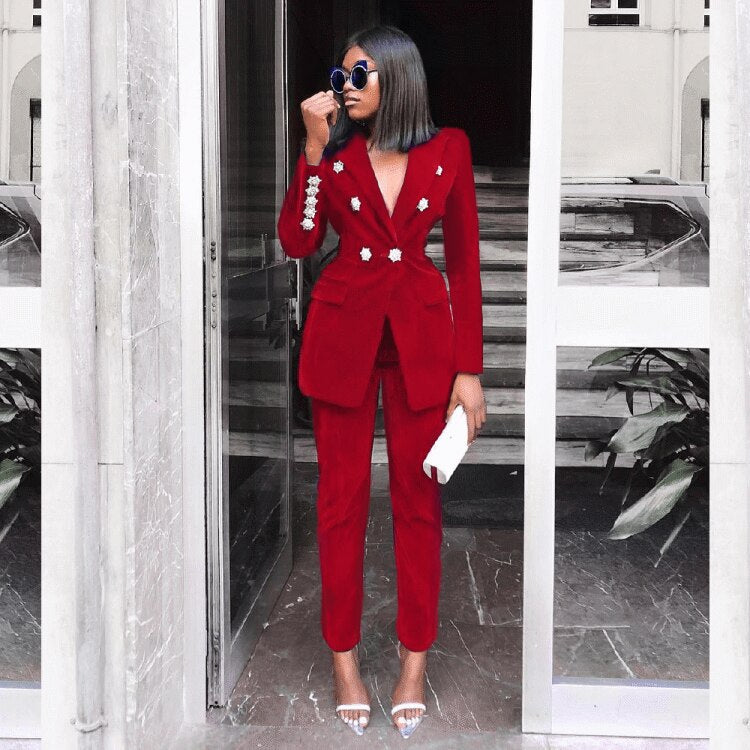 sixsr Summer Sets for Women New Navy Blue V Neck Long Sleeve Sexy 2 Piece Set Outfits High Quality Two Piece Set Suit