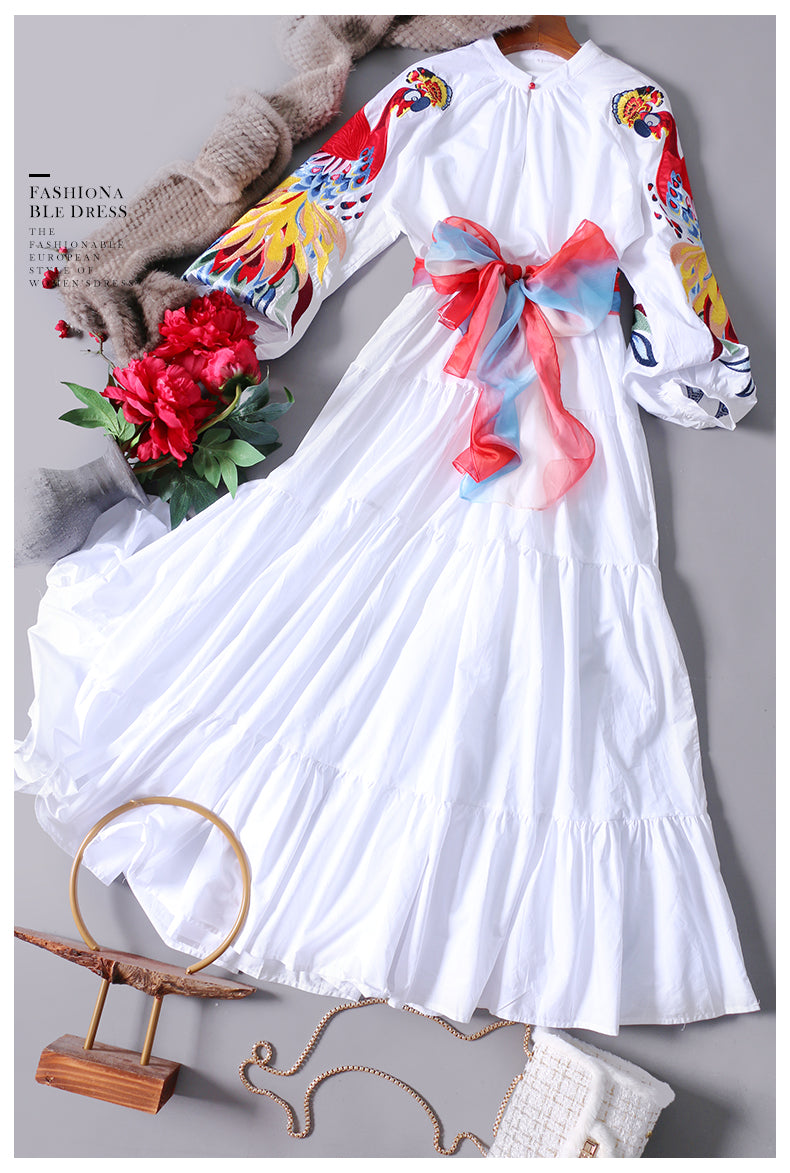sixsr High Quality Luxury Design Runway Female Elegant Embroidery Women Dress Lantern Sleeve High Waist Maxi Long Dresses