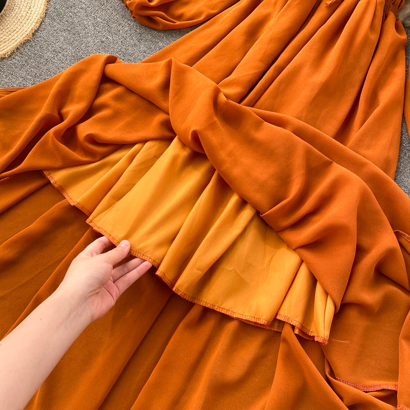Sixsr Woherb Chic Elegant Square Collar Maxi Dress Women Solid Chiffon Puff Sleeve Dresses Korean Fashion Vintage Ruffle Vestidos