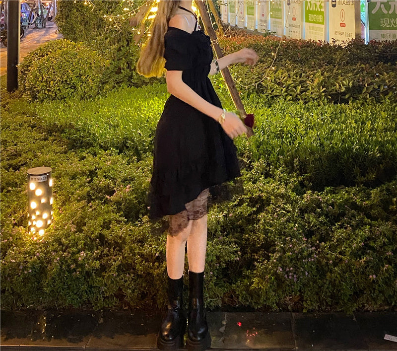 Sixsr New Gothic Women Black Fairy Party Dress Cross Square Collar Lolita Princess Irregular Dress Cute Kawaii Lace Ruffles Chic Dress