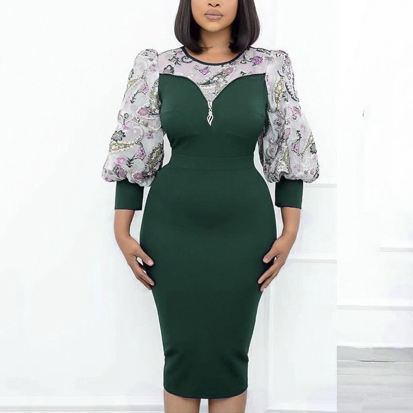 Sixsr African Fashion Women Dresses Office Style Dot Patchwork Bow High Waist Bodycon Mid Calf Elegant Business Work Wear Vestidos New