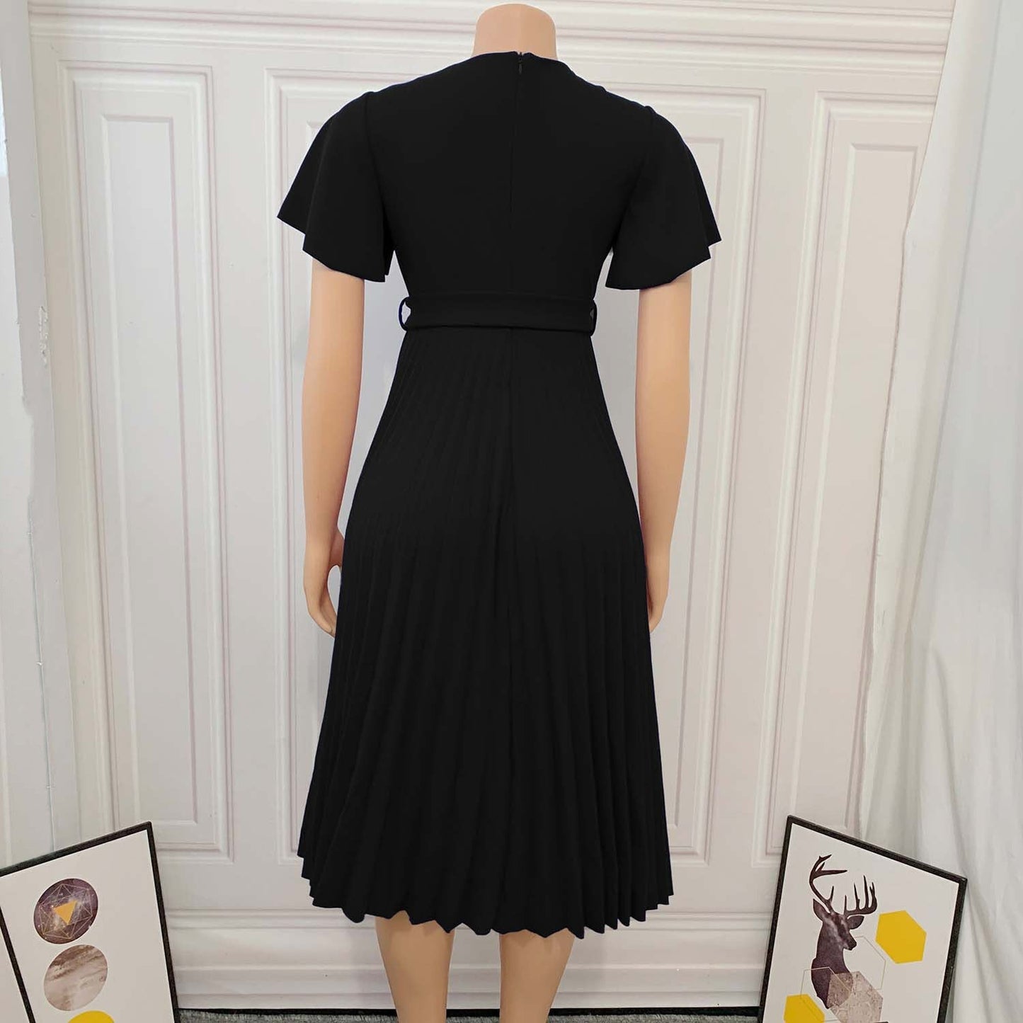 Sixsr Women Pleated Dresses High Waist Short Sleeves A Line Modest African Office Ladies Work Wear Date Elegant Classy Robes Vestidos