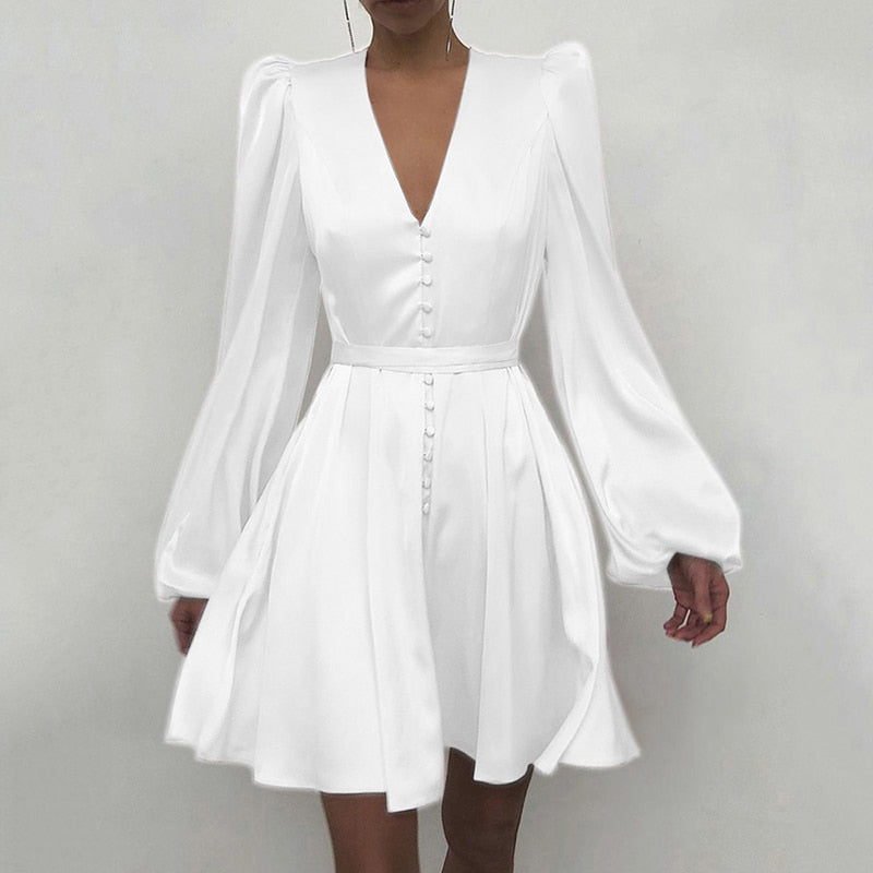 Sixsr Trends high quality Spring New Women Sexy V Neck Letters Print Fashion Short Dresses Casual Satin Slim Lantern Sleeves Zipper Elegant Party Vestidos