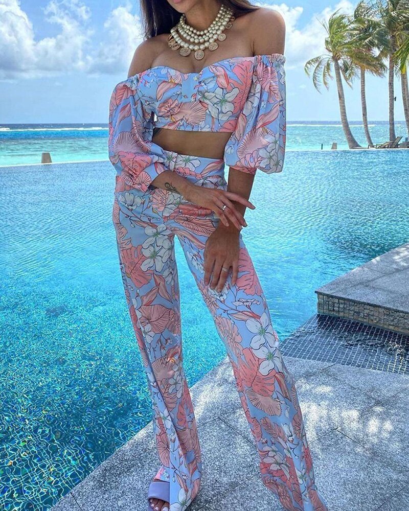 sixsr  Women Fashion Two Piece Sets Print  Suits Summer Beach Streetwear Autumn 2 Piece SetsTops +Elegant Long Pants
