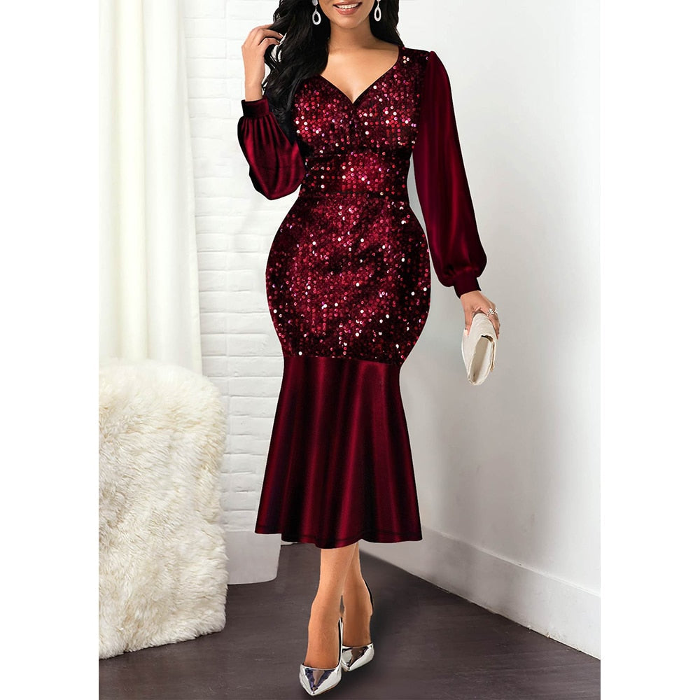sixsr Women Dress Summer Elegant Sexy V Neck Sequine Evening Wedding Party Dress Plus Size High Waist Bodycon Mermaid Dresses 5XL