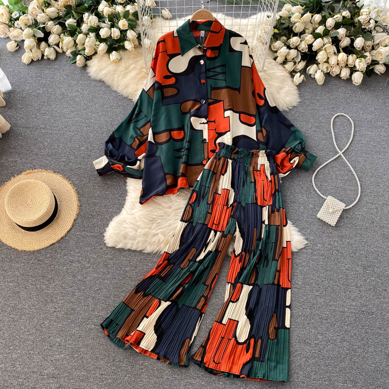 sixsr Women's Dress Spring Retro Print Casual Set Design Batwing Sleeve Single Breasted Blouse+High Waist Long Pants Two Piece Suits