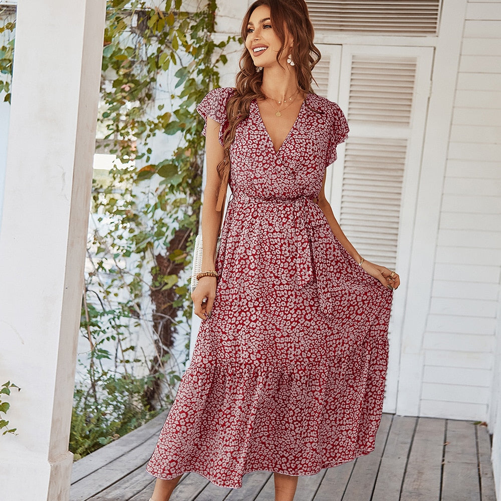 Ladies Vintage Print Chiffon Dress Women Casual Ruffles Long Bohemian Party Beach Summer Dress Women Sundress Female Vestidos