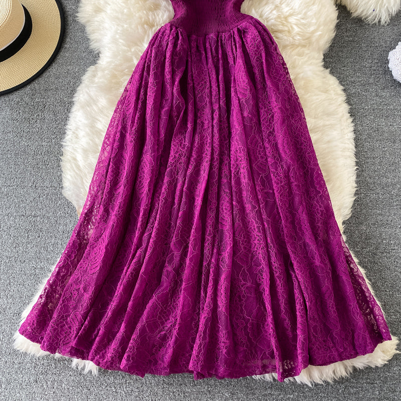 Sixsr Vintage Purple/Green/Red Lace Midi Dress Women Sweet Round Neck Ruffle Vestidos Female High Waist Slim Robe Spring Autumn