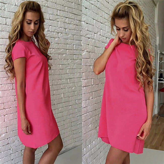 Sixsr Women Female Short Sleeve Loose Mini Short A-line Dresses Summer Beach Casual Dress Candy Color S-XXL
