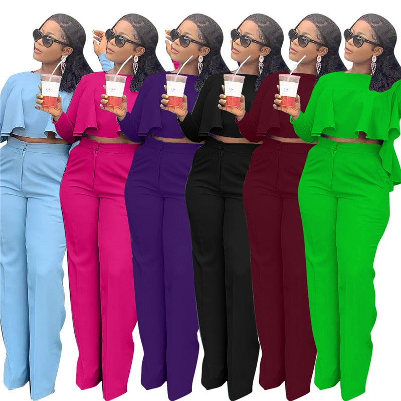 Sixsr  Elegant Work Wear Two Piece Set Fall Clothes for Women Ruffles Crop Top and Wide Leg Pants Suits Matching Sets Sexy Club Outfits