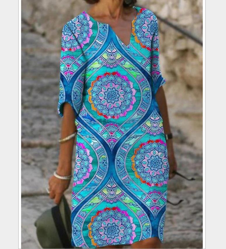 Sixsr New Women Printing Dress Summer V-Neck Half Sleeve A-Line Dresses Female Retro litera Vintage Loose Dress Vestidos