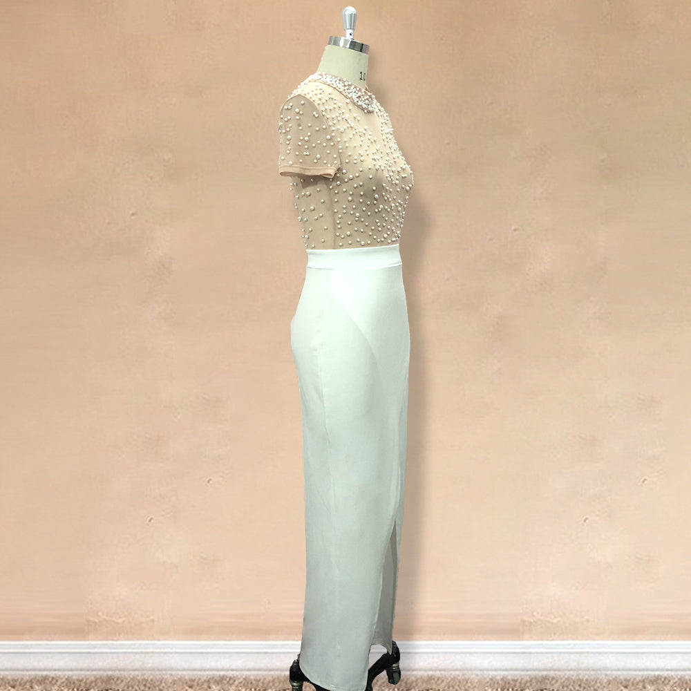 Sixsr Women Sexy Dress Transparent Tulle with Bead Tops Patchwork Slit Party Dresses Short Sleeves Female Summer Night Date Out