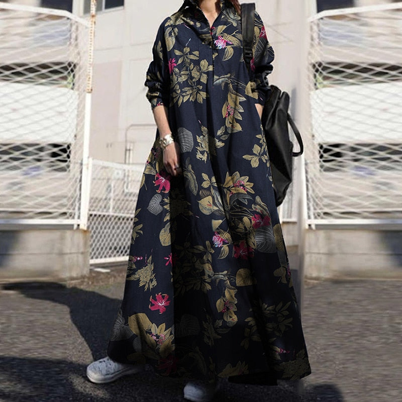 Sixsr Summer Stylish Women Vintage Long Sleeve Loose Sundress Casual Long Maxi Dress Kaftan Femme Solid Party Vestido Robe
