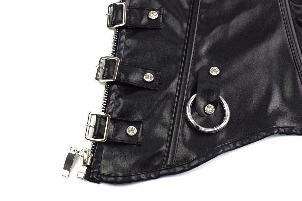 Faux Leather Corset Top Shoulder Strap Corselet Black Zipper Buckled Bustier Waist Trainer Vest Corset Overbust Women Steampunk