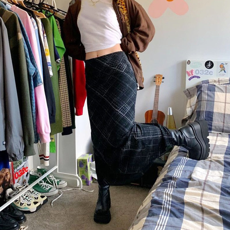 Sixsr Autumn Fairy Grunge Long Tulle Skirts Women Kawaii Plaid Black Skirt Harajuku Low waisted Skirt Korean Fashion