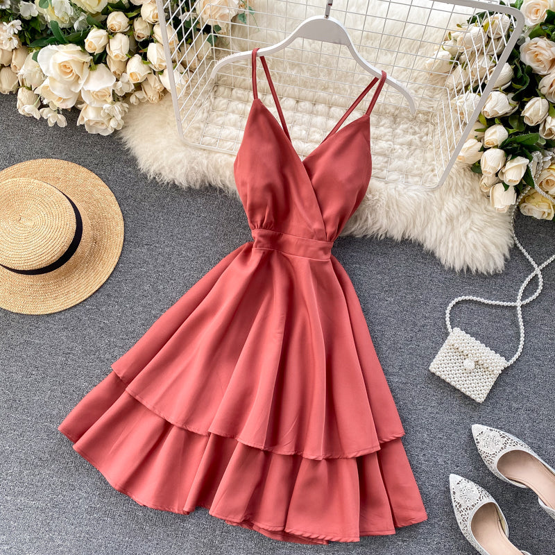 Sixsr Summer Spring Beach Holiday V-Neck Backless Lace Up Ruffles Cakes Solid Elegant Women Lady A-line High Waist Dress