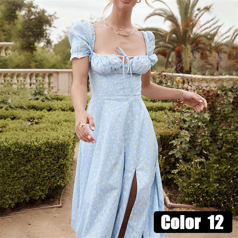 Sixsr womens fashion Vintage Square Collar Printed Dress Women Sweet Puff Sleeve Slim Long Casual Split Spring Summer Floral Dress Ladies New