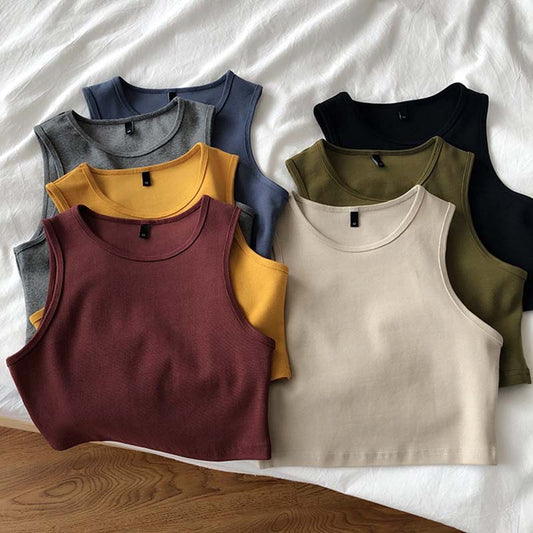 Sixsr Summer new ladies retro crop top high waist slimming stretch slim short sleeveless bottoming top