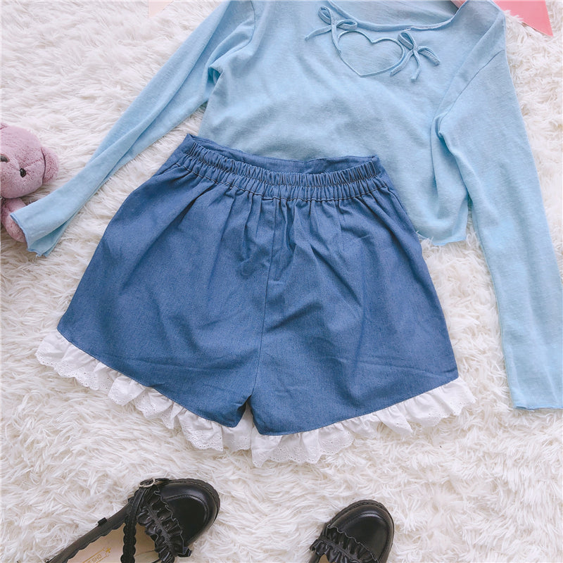 sixsr Summer Outfits  Trends Cute Lolita Girls Denim Shorts Japanese Sweet High Waist Lace Irregular Women's Shorts S-4XL Summer Kawaii Sexy Blue Shorts
