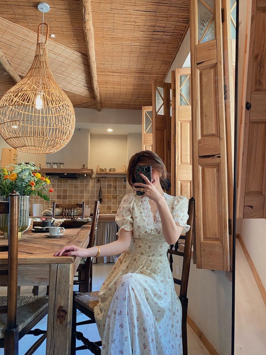 Sixsr Vintage Floral Dress Women Elegant Lace Chiffon Korean Party Dress Puff Sleeve V Neck Midi Dress Fall Dresses for Women