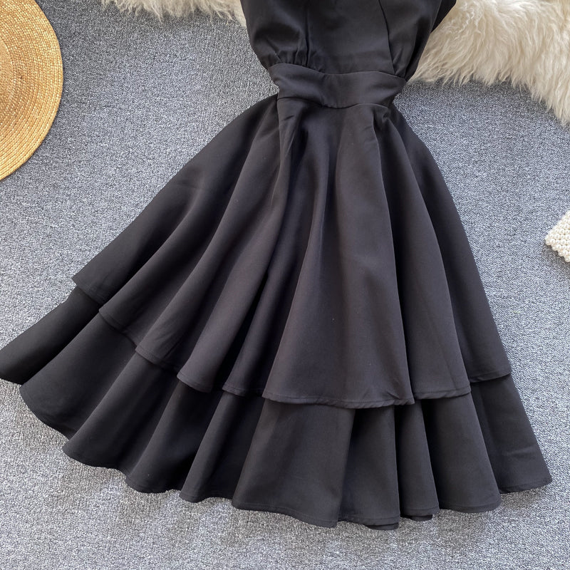 Sixsr Summer Spring Beach Holiday V-Neck Backless Lace Up Ruffles Cakes Solid Elegant Women Lady A-line High Waist Dress