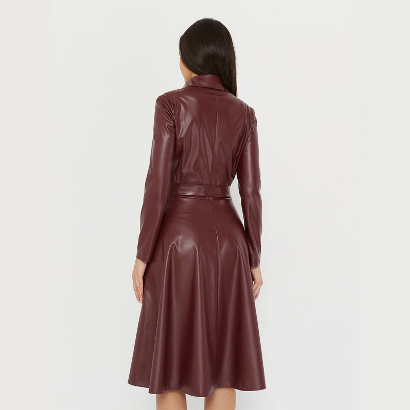 Sixsr Winter Casual Sashes Pu Leather A-Line Dresses Women Turn-down Collar Long Sleeve Solid Color Knee Dress Office Lady Wear