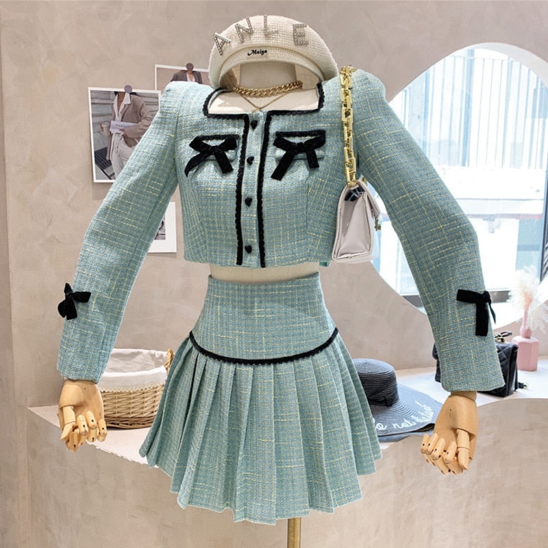 sixsr Small Fragrance Tweed 2 Piece Set Women Bow Short Jacket Coat + Skirt Suits Korean Sweet Outfits French Vintage Two Piece Sets