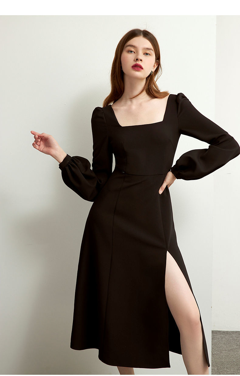 Sixsr Black Retro Split Dress Women Elegant Midi Designer Dress Female Long Sleeve Hepburn Style Chiffon Vintage Dress Fall Women