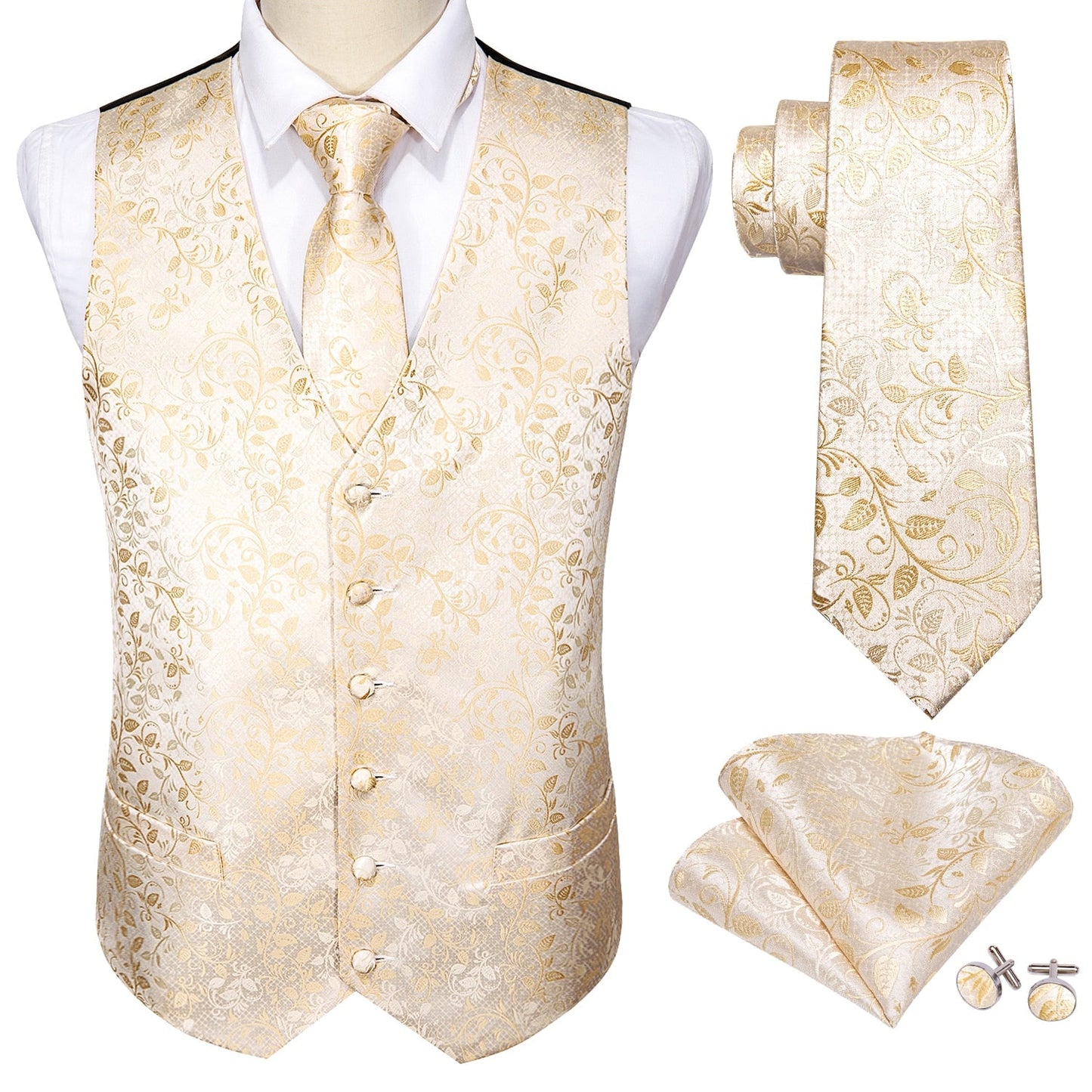 Sixsr 4PC Mens Extra Silk Vest Party Wedding Gold Paisley Solid Floral Waistcoat Vest Pocket Square Tie Suit Set Barry.Wang BM-2017