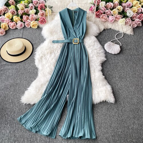 Vintage Notched Collar Draped Rompers For Women Casual Sleeveless High Waist Wide Leg Playsuits Female Beige/Green Jumpsuit
