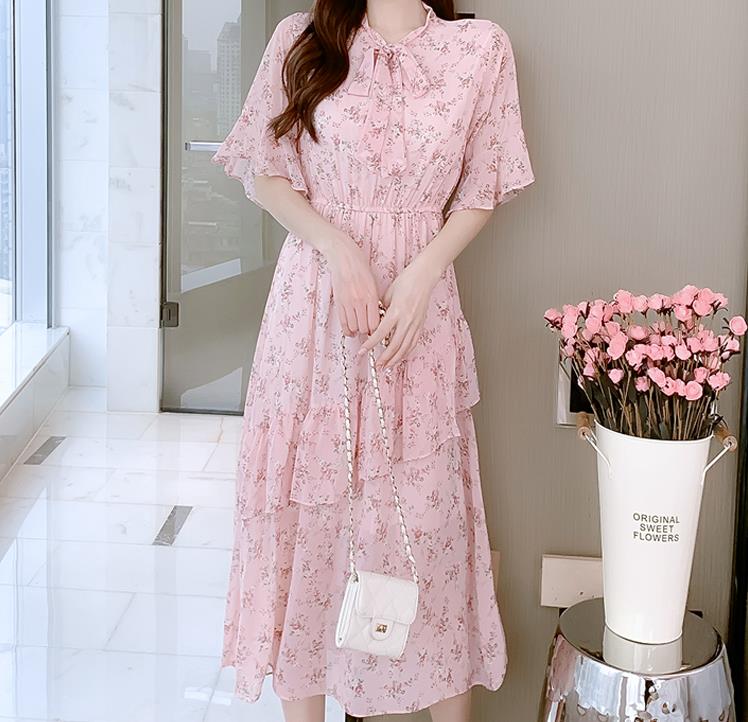 Sixsr Women Mini Dress Spring New V-neck Floral Chiffon Dress High Waist Flare Sleeve Female Dress Woman's Dress KarolyiDora KA88