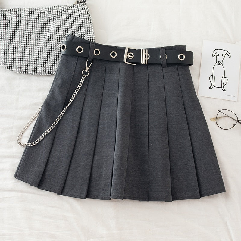 Sixsr Black Pleated Skirt With Chain-Belt Punk Rock Girl Cheerleading Belted Mini Skirt Alt Women e-girl Outfit