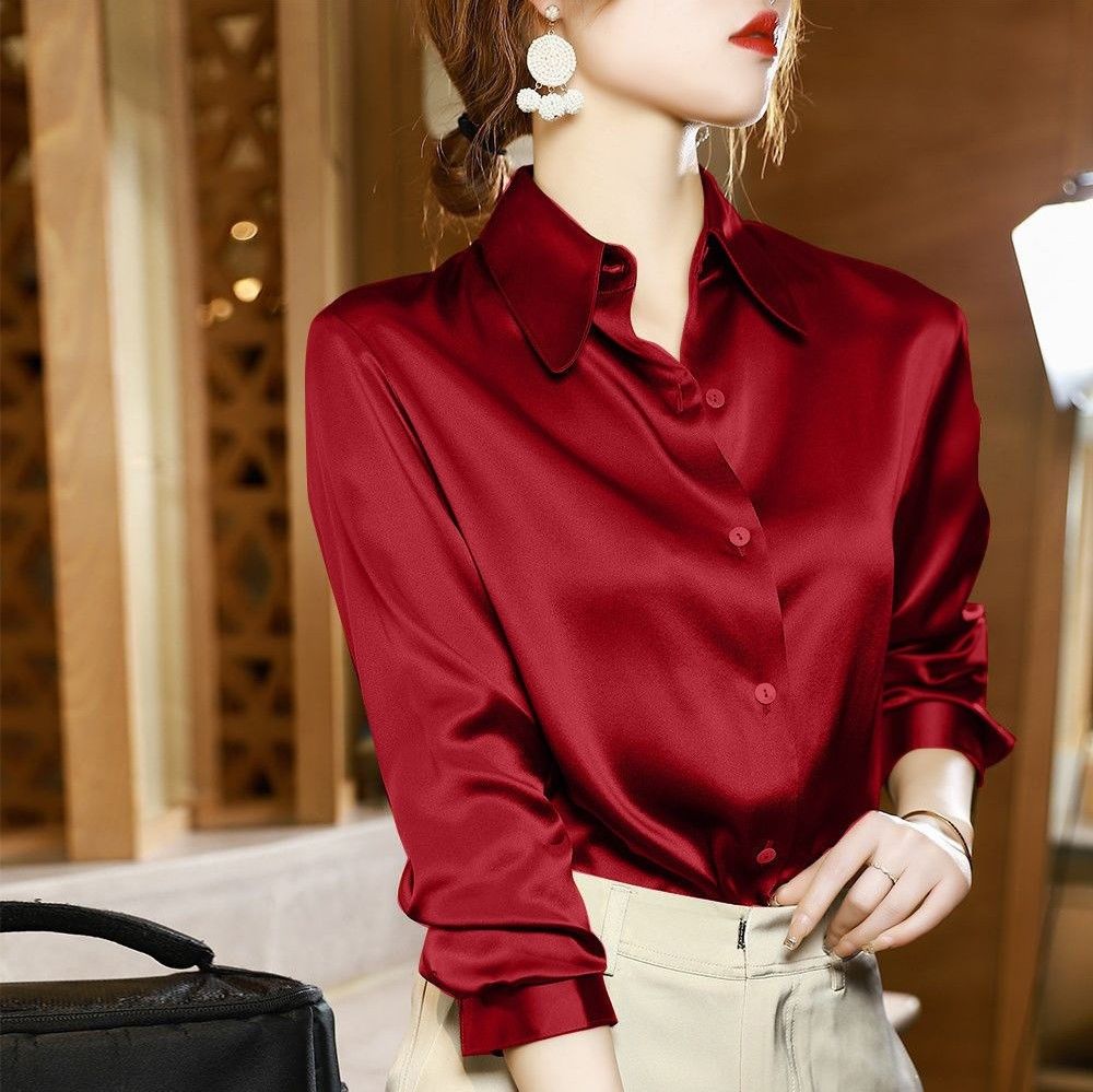 Sixsr Brand Quality Luxury Women Shirt Elegant Office Button Up Long Sleeve Shirts Momi Silk Crepe Satin Blouses for Women Fashion Business Ladies Top