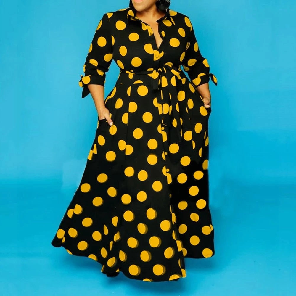 Black and White Polka Dot Dress Plus Size 4xl 5xl Floor Length Long Sleeve Single Breasted Autumn Fashion Party Dinner Dress Hot
