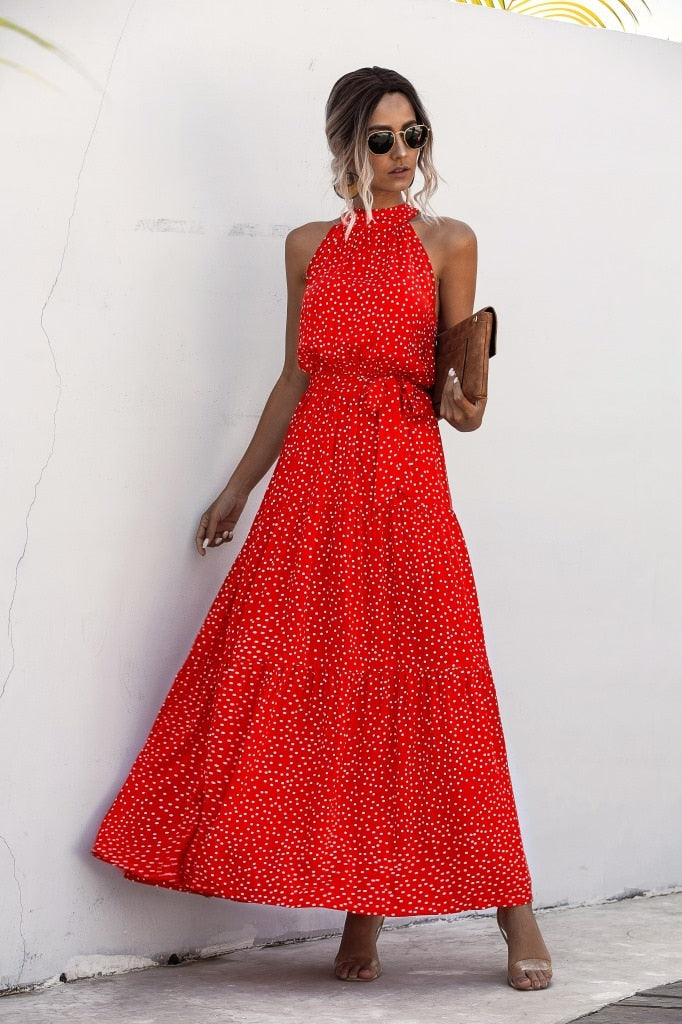 Sixsr Summer Elegant beach Women Dress long Print Flowers Polka-dot strap Ladies Halter boho Dress Vintage party ladies Dress