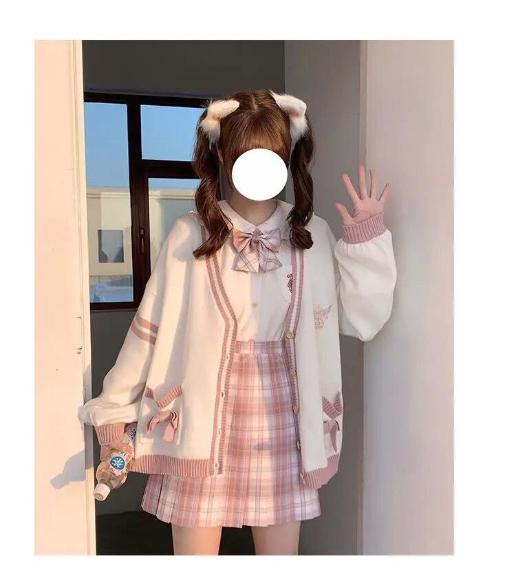 Sixsr  Spring Japanese Kawaii Fashion Pink Cardigan Women Harajuku Knitted Sweater Cute Bow Heart Korean College Style JK Uniform Coat