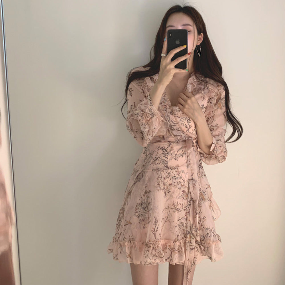 Sixsr Women Mini Dress Spring New V-neck Floral Chiffon Dress High Waist Flare Sleeve Female Dress Woman's Dress KarolyiDora KA88