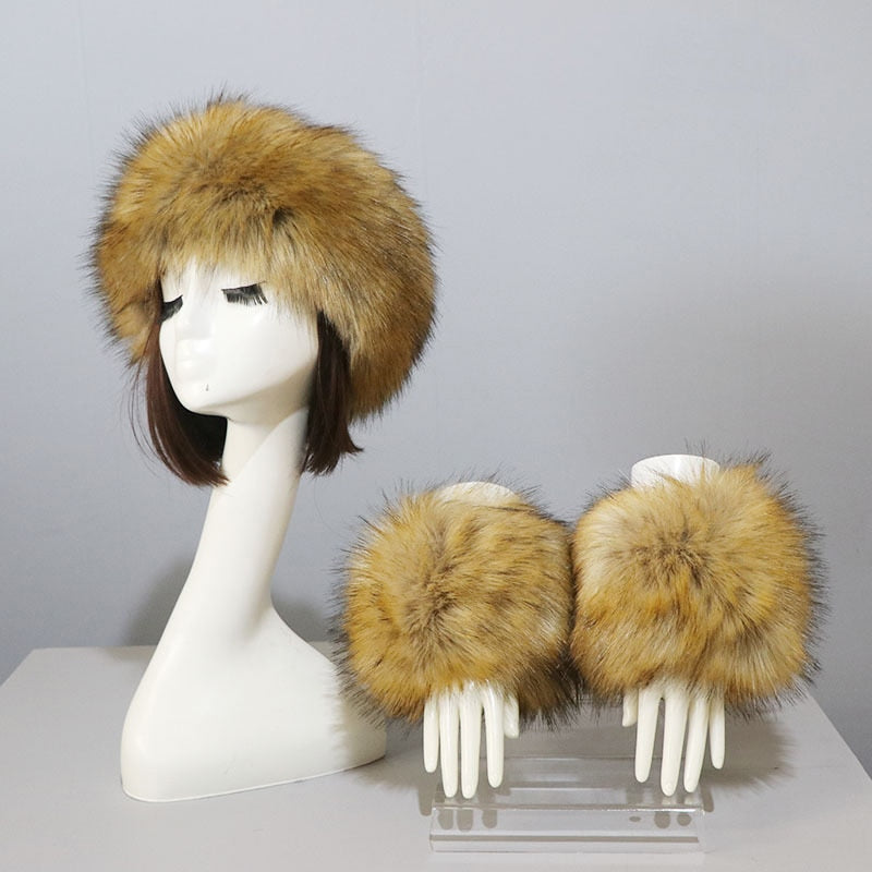 Sixsr New Autumn Winter Caps Female Hats Cuffs Set Fashion Warmth Imitation Quality Design Faux Fur Hat Fox Fur Sleeves Suit Accessary