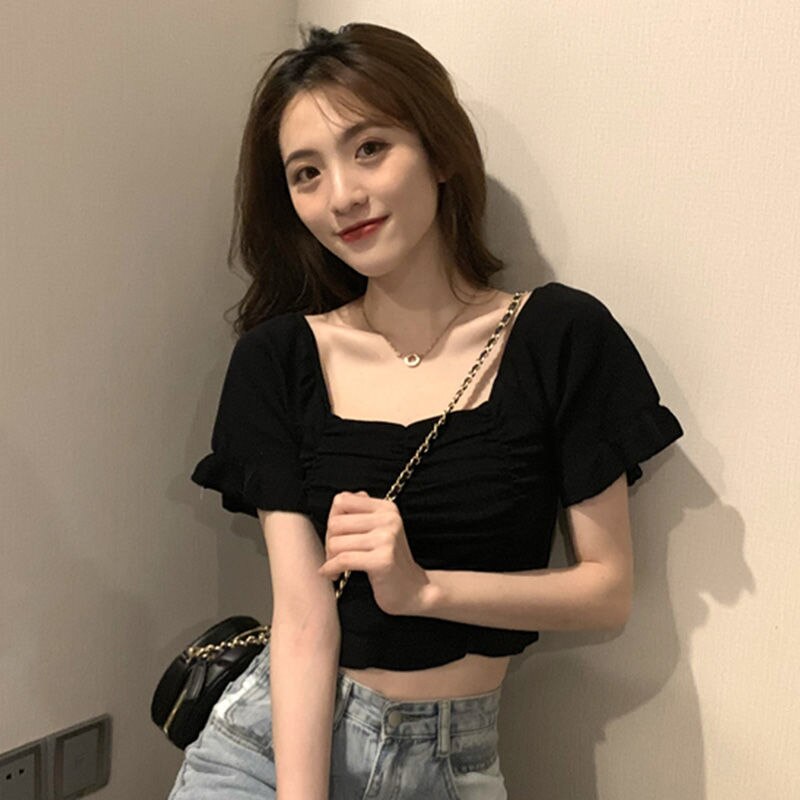Knitted Fashion Blouse Woman Ruffle Youth Elegant Blouse Summer Crop top Sexy Slim fit Shirt Short sleeve