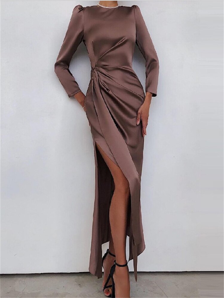 Sixsr Long Sleeve O Neck Satin Split Women Maxi Dress Autumn Winter Fashion Sexy Elegant Party Club Women's Dresses