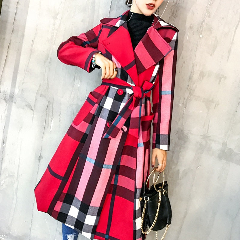 Sixsr  Thickened autumn and winter new women's lapels in the long simple color matching retro plaid coat temperament windbreaker