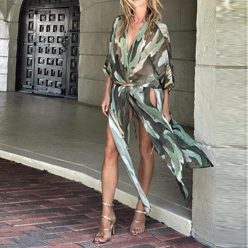 sixsr Hot Sale Newest Fashion Beach Women Veil Tops Loose Casual Striped Print Short Sleeve Clothing Female Long Blouse Summer Streetwear