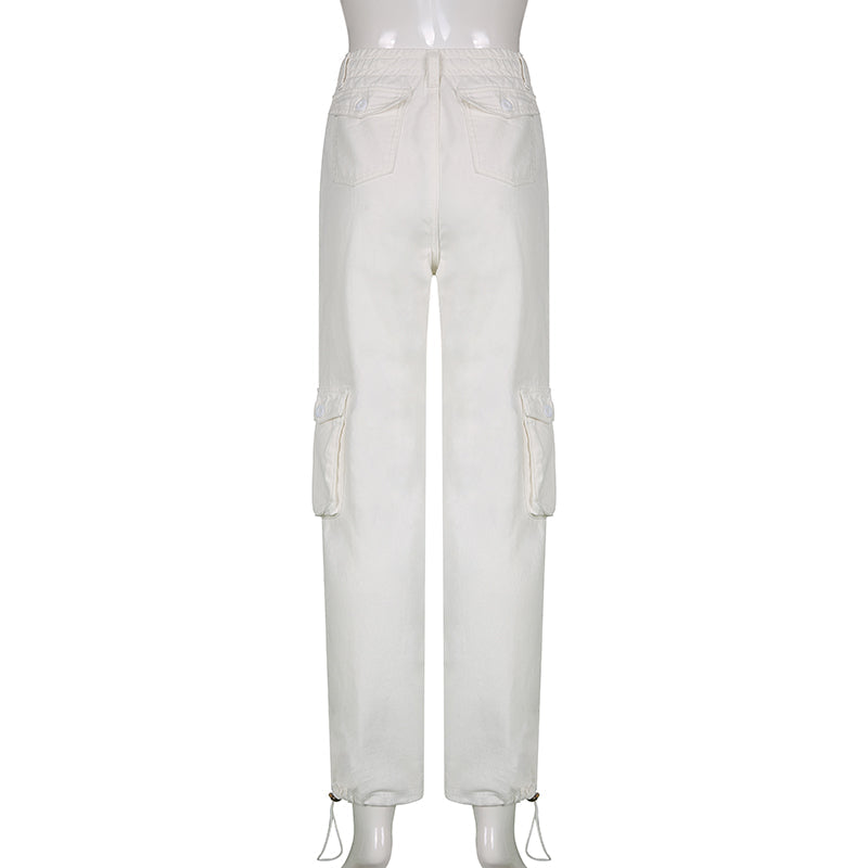 Sixsr Women Spring Fashion Multi Pockets White Cargo Pants Women Adjustable Low Waist Baggy Wide Leg Jeans Oversized Casual Trousers Retro Bottoms Iamhotty