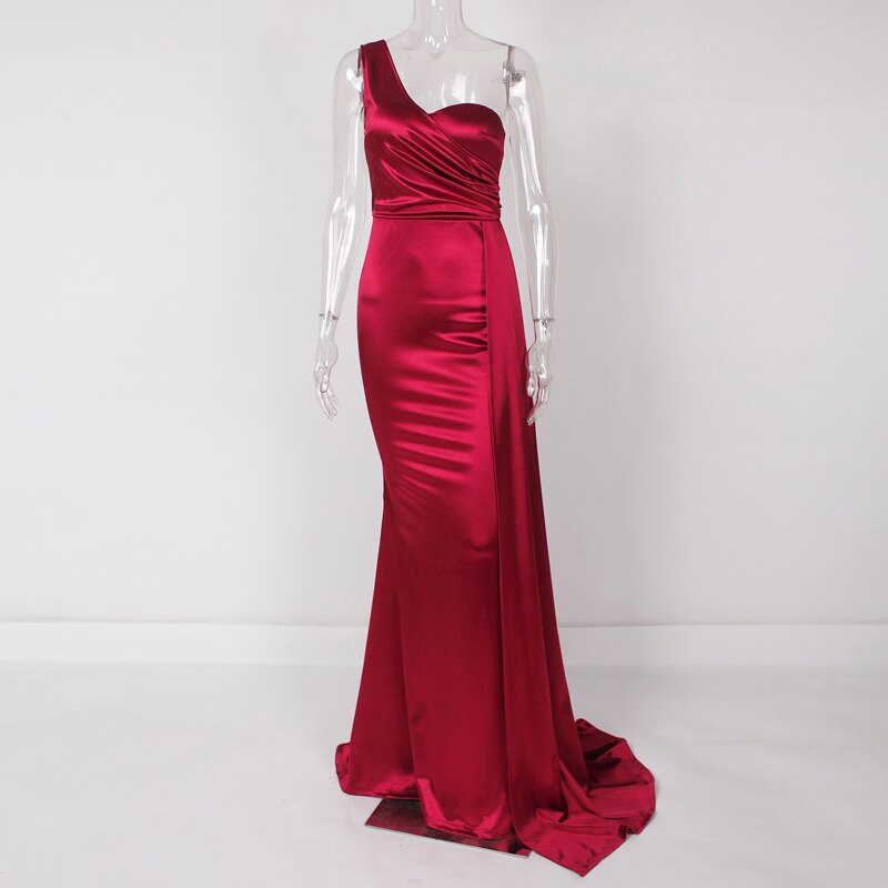sixsr One Shoulder Padded Sexy Satin Maxi Dress Women's Evening Party Dress Gown with Ribbon Royal Blue Green Draped Long Dress